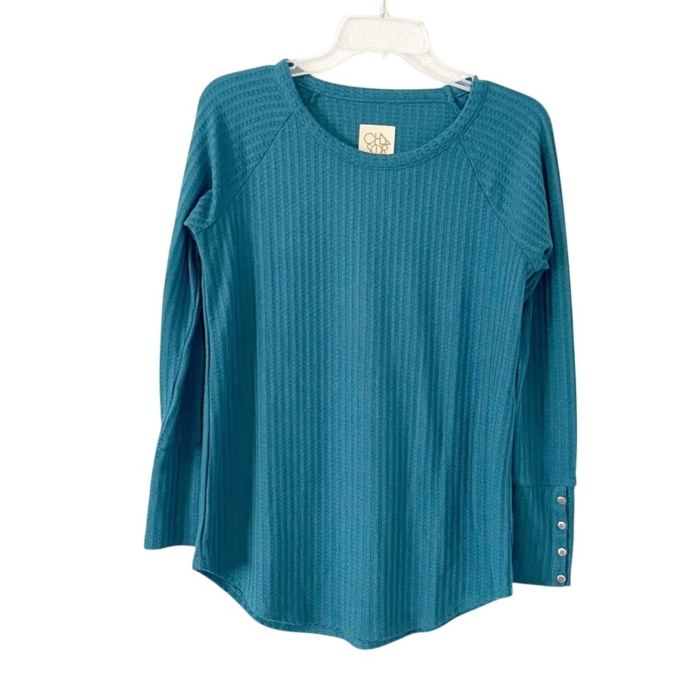 Chaser Women Teal Blue Waffle Knit Thermal Long Sleeve Button Cuff Top Size M